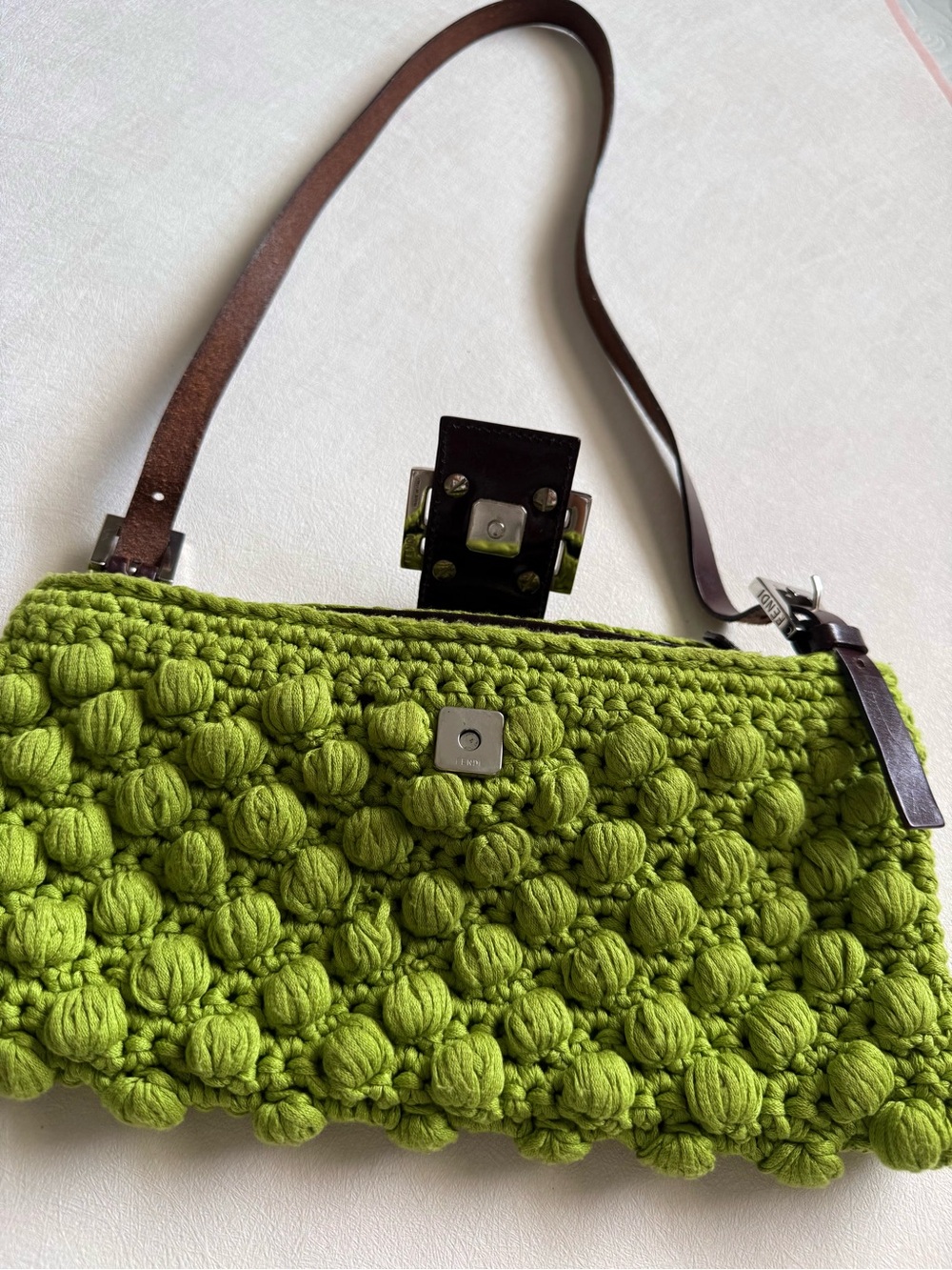 Vintage Fendi Green Crochet Baguette Crossbody Bag - Picture 7 of 8